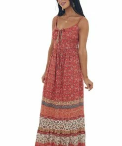 ANGIE Cranberry Floral Print Sleeveless Maxi Dress Dresses