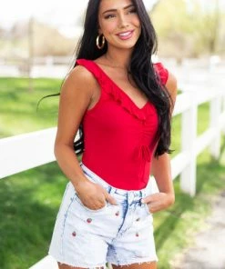 Peach Love Cranberry Sleeveless Ruffle Detail Bodysuit