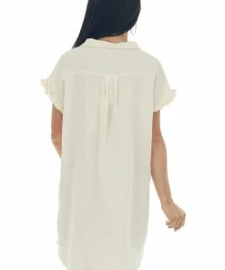 Umgee Dresses Cream Button Down Gauze Shirt Dress