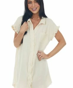 Umgee Dresses Cream Button Down Gauze Shirt Dress