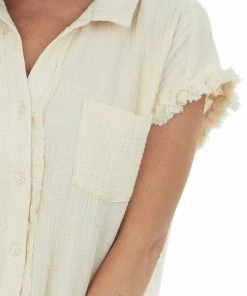 Umgee Dresses Cream Button Down Gauze Shirt Dress