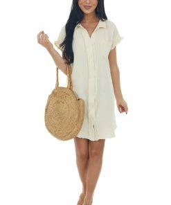 Umgee Dresses Cream Button Down Gauze Shirt Dress