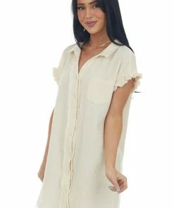 Umgee Dresses Cream Button Down Gauze Shirt Dress