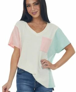 Hailey & Co Cream Colorblock Knit Top With Chest Pocket