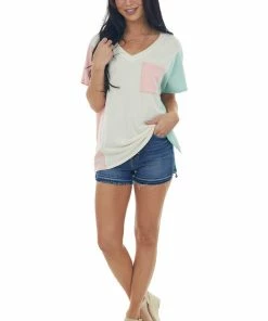 Hailey & Co Cream Colorblock Knit Top With Chest Pocket