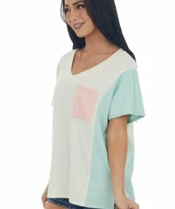 Hailey & Co Cream Colorblock Knit Top With Chest Pocket