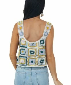 Very J Cream Floral Crochet Sleeveless Cropped Tank Top