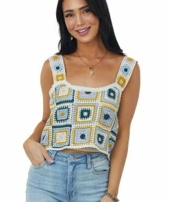 Very J Cream Floral Crochet Sleeveless Cropped Tank Top