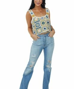 Very J Cream Floral Crochet Sleeveless Cropped Tank Top