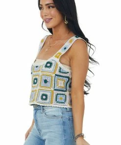 Very J Cream Floral Crochet Sleeveless Cropped Tank Top