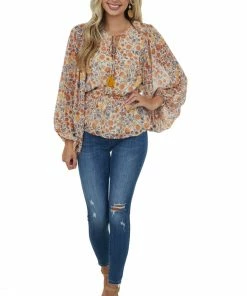 Flying Tomato Cream Floral Print Bubble Sleeve Peplum Blouse 10 Flying Tomato Cream Floral Print Bubble Sleeve Peplum Blouse