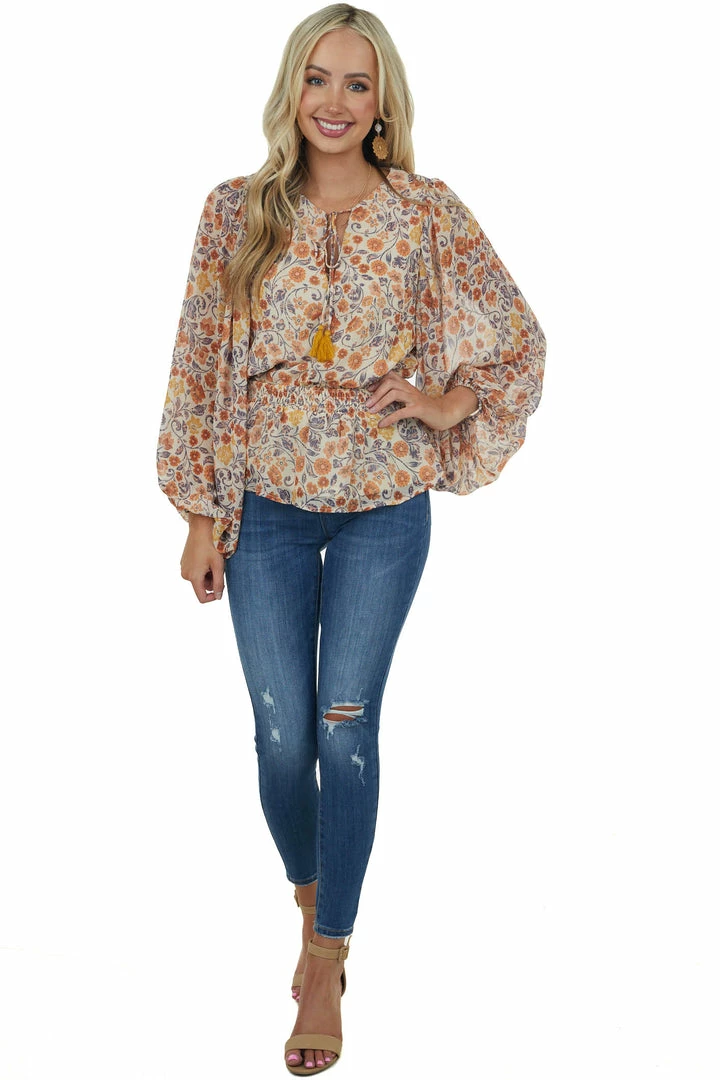 Flying Tomato Cream Floral Print Bubble Sleeve Peplum Blouse 5 Flying Tomato Cream Floral Print Bubble Sleeve Peplum Blouse