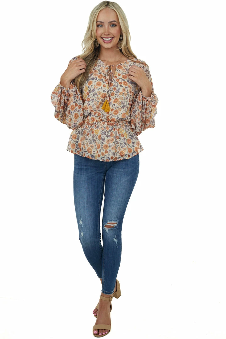 Flying Tomato Cream Floral Print Bubble Sleeve Peplum Blouse 4 Flying Tomato Cream Floral Print Bubble Sleeve Peplum Blouse