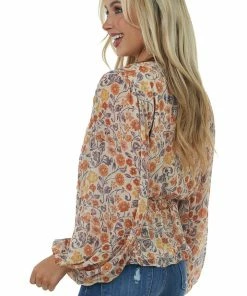 Flying Tomato Cream Floral Print Bubble Sleeve Peplum Blouse 11 Flying Tomato Cream Floral Print Bubble Sleeve Peplum Blouse