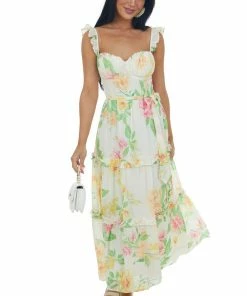 Flying Tomato Cream Floral Ruffle Tiered Waist Tie Midi Dress Dresses