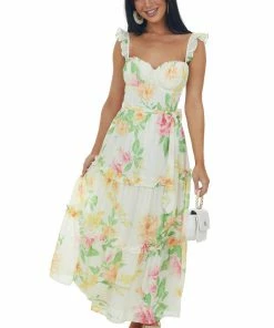 Flying Tomato Cream Floral Ruffle Tiered Waist Tie Midi Dress Dresses