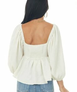 Entro Cream Floral Textured Babydoll Blouse