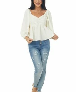 Entro Cream Floral Textured Babydoll Blouse
