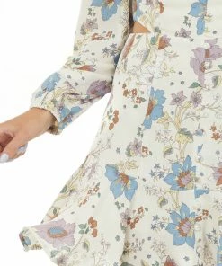 Sweet Lemon Cream Floral V Neck Long Sleeve Zip Up Dress Dresses 13 Sweet Lemon Cream Floral V Neck Long Sleeve Zip Up Dress Dresses