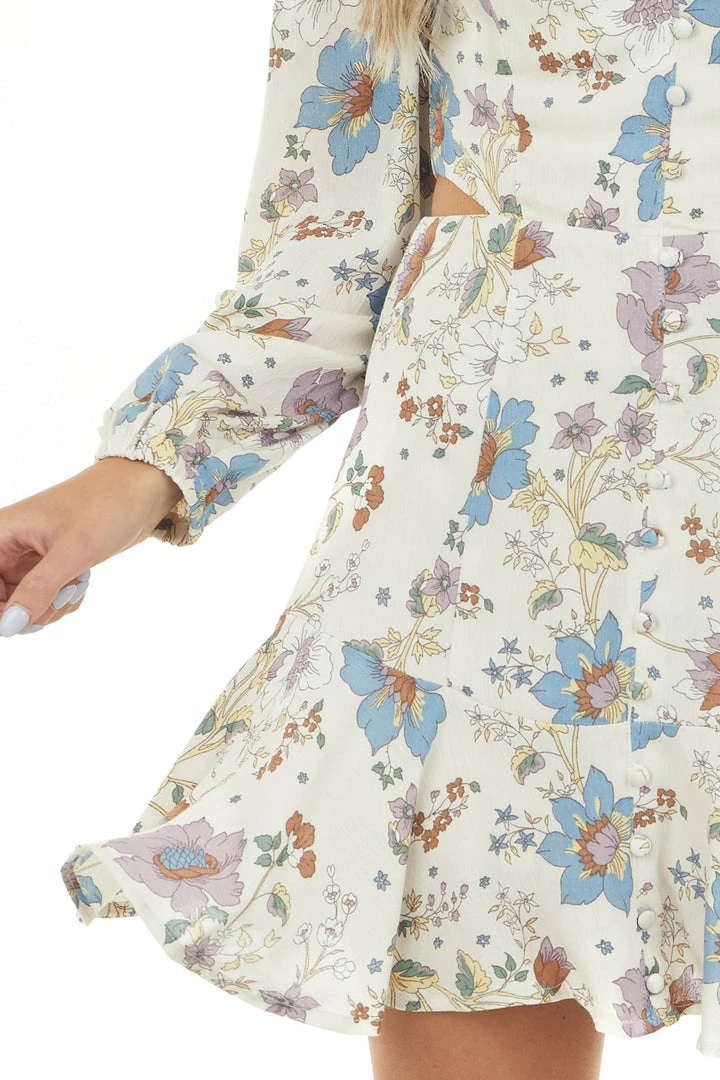 Sweet Lemon Cream Floral V Neck Long Sleeve Zip Up Dress Dresses 8 Sweet Lemon Cream Floral V Neck Long Sleeve Zip Up Dress Dresses