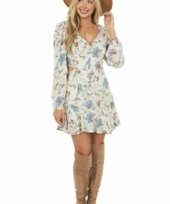Sweet Lemon Cream Floral V Neck Long Sleeve Zip Up Dress Dresses 10 Sweet Lemon Cream Floral V Neck Long Sleeve Zip Up Dress Dresses