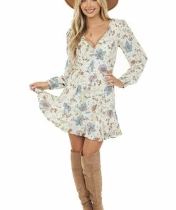 Sweet Lemon Cream Floral V Neck Long Sleeve Zip Up Dress Dresses