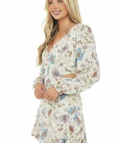 Sweet Lemon Cream Floral V Neck Long Sleeve Zip Up Dress Dresses 11 Sweet Lemon Cream Floral V Neck Long Sleeve Zip Up Dress Dresses