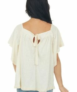 Umgee Tops Cream Flutter Sleeve Knit Top With Lace Hem