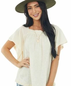 Umgee Tops Cream Flutter Sleeve Knit Top With Lace Hem