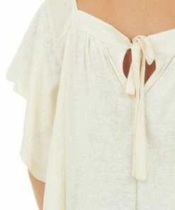 Umgee Tops Cream Flutter Sleeve Knit Top With Lace Hem