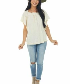 Umgee Tops Cream Flutter Sleeve Knit Top With Lace Hem