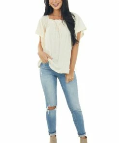 Umgee Tops Cream Flutter Sleeve Knit Top With Lace Hem