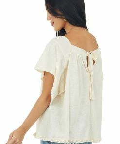 Umgee Tops Cream Flutter Sleeve Knit Top With Lace Hem