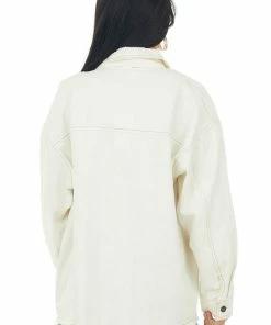 Entro Outerwear Cream Frayed Hem Long Sleeve Denim Jacket
