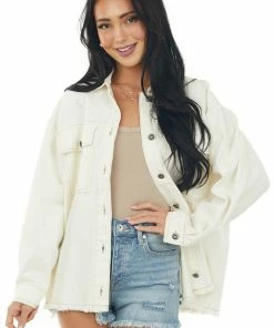 Entro Outerwear Cream Frayed Hem Long Sleeve Denim Jacket