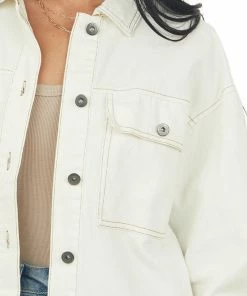 Entro Outerwear Cream Frayed Hem Long Sleeve Denim Jacket