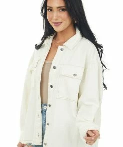 Entro Outerwear Cream Frayed Hem Long Sleeve Denim Jacket