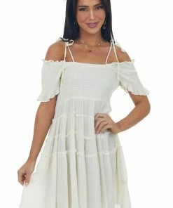 Umgee Dresses Cream Gold Threaded Cold Shoulder Tiered Dress
