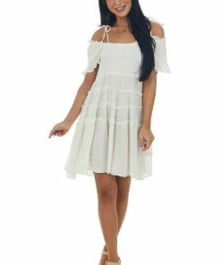 Umgee Dresses Cream Gold Threaded Cold Shoulder Tiered Dress