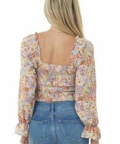 Entro Cream Multicolor Floral Print Pleated Blouse Tops