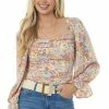 Entro Cream Multicolor Floral Print Pleated Blouse Tops