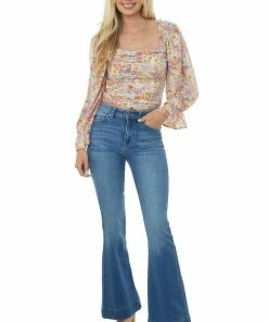 Entro Cream Multicolor Floral Print Pleated Blouse Tops