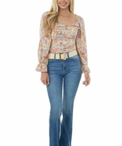 Entro Cream Multicolor Floral Print Pleated Blouse Tops