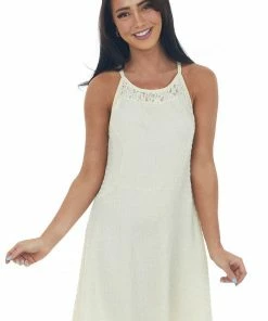 Umgee Cream Puckered Knit Lace Halter Neck Dress Dresses