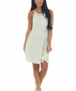 Umgee Cream Puckered Knit Lace Halter Neck Dress Dresses