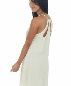 Umgee Cream Puckered Knit Lace Halter Neck Dress Dresses