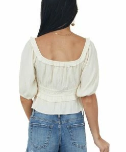 Lush Clothing Tops Cream Puff Sleeve Textured Smocked Blouse