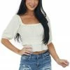 Lush Clothing Tops Cream Puff Sleeve Textured Smocked Blouse