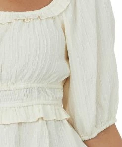 Lush Clothing Tops Cream Puff Sleeve Textured Smocked Blouse