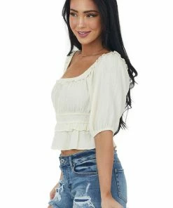 Lush Clothing Tops Cream Puff Sleeve Textured Smocked Blouse
